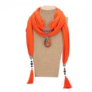 Gem Inlaid Peacock Fashion Pendant High Fashion Scarf Necklace - Orange