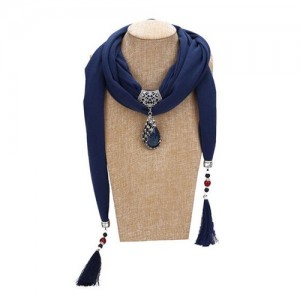 Gem Inlaid Peacock Fashion Pendant High Fashion Scarf Necklace - Ink Blue