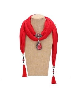 Gem Inlaid Peacock Fashion Pendant High Fashion Scarf Necklace - Red