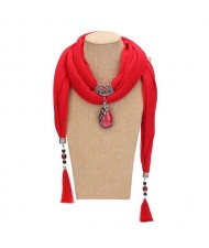 Gem Inlaid Peacock Fashion Pendant High Fashion Scarf Necklace - Red