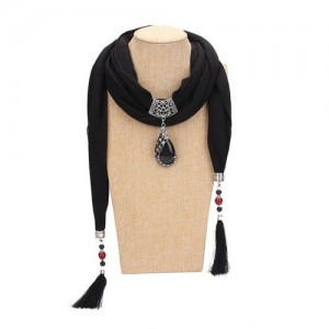 Gem Inlaid Peacock Fashion Pendant High Fashion Scarf Necklace - Black