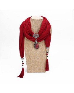 Gem Inlaid Peacock Fashion Pendant High Fashion Scarf Necklace - Wine Red