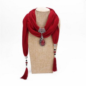 Gem Inlaid Peacock Fashion Pendant High Fashion Scarf Necklace - Wine Red
