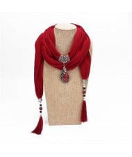 Gem Inlaid Peacock Fashion Pendant High Fashion Scarf Necklace - Wine Red