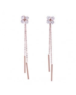 Shining Cubic Zirconia Flower with Long Chain Tassel Design Stainless Steel Earrings