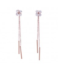 Shining Cubic Zirconia Flower with Long Chain Tassel Design Stainless Steel Earrings