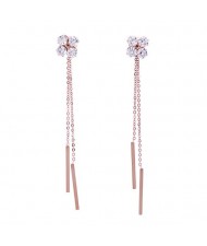 Shining Cubic Zirconia Flower with Long Chain Tassel Design Stainless Steel Earrings