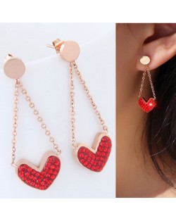 Czech Rhinestone Embellished Heart Pendant High Fashion Stainless Steel Earrings - Red