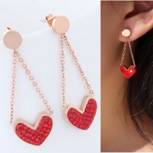 Czech Rhinestone Embellished Heart Pendant High Fashion Stainless Steel Earrings - Red