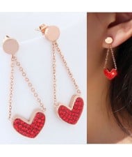 Czech Rhinestone Embellished Heart Pendant High Fashion Stainless Steel Earrings - Red
