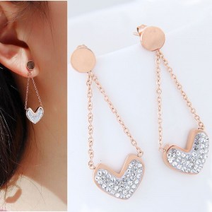 Czech Rhinestone Embellished Heart Pendant High Fashion Stainless Steel Earrings - White