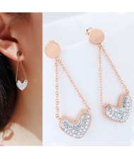 Czech Rhinestone Embellished Heart Pendant High Fashion Stainless Steel Earrings - White