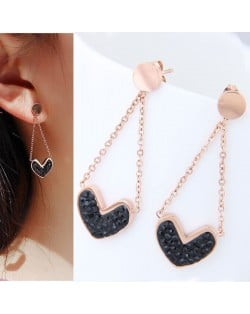Czech Rhinestone Embellished Heart Pendant High Fashion Stainless Steel Earrings - Black