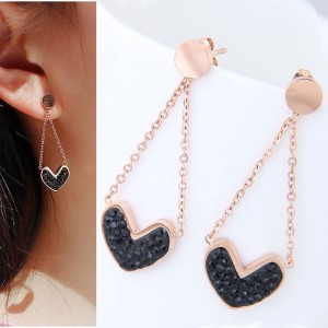Czech Rhinestone Embellished Heart Pendant High Fashion Stainless Steel Earrings - Black