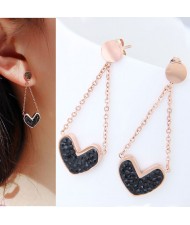 Czech Rhinestone Embellished Heart Pendant High Fashion Stainless Steel Earrings - Black