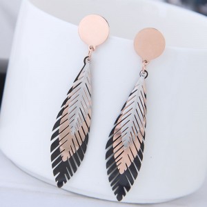 Triple Colors Leaves Design Fashion Stainless Steel Earrings