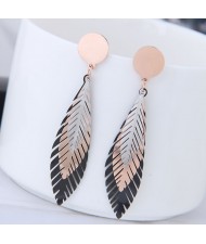 Triple Colors Leaves Design Fashion Stainless Steel Earrings