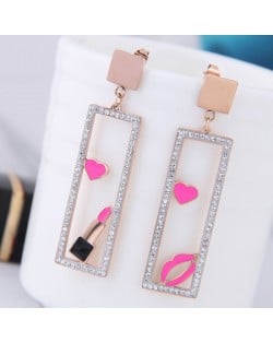Heart Lipstick Lips Inlaid Dangling Hollow Oblong Stainless Steel Earrings - Pink