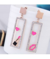 Heart Lipstick Lips Inlaid Dangling Hollow Oblong Stainless Steel Earrings - Pink