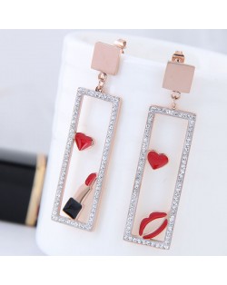 Heart Lipstick Lips Inlaid Dangling Hollow Oblong Stainless Steel Earrings - Red