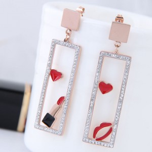 Heart Lipstick Lips Inlaid Dangling Hollow Oblong Stainless Steel Earrings - Red