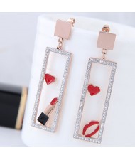 Heart Lipstick Lips Inlaid Dangling Hollow Oblong Stainless Steel Earrings - Red