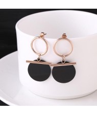 Black Round Pendant Dangling Hoop Fashion Stainless Steel Earrings