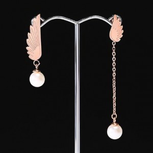 Angel Wing with Pearl Pendant Design Asymmetric Fashion Stainless Steel Earrings