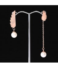 Angel Wing with Pearl Pendant Design Asymmetric Fashion Stainless Steel Earrings