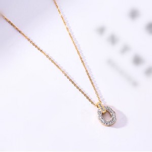 Rhinestone Inlaid Hoop Pendant Elegant Women Stainless Steel Necklace - Gold Plated