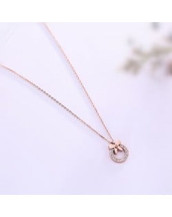 Bowknot Decorated Rhinestone Hoop Pendant Cute Fashion Stainless Steel Necklace - Rose Gold