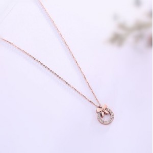 Bowknot Decorated Rhinestone Hoop Pendant Cute Fashion Stainless Steel Necklace - Rose Gold