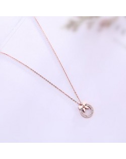Bowknot Decorated Rhinestone Hoop Pendant Cute Fashion Stainless Steel Necklace - Gold Plated