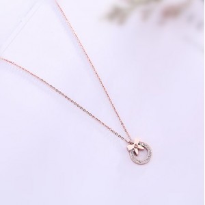 Bowknot Decorated Rhinestone Hoop Pendant Cute Fashion Stainless Steel Necklace - Gold Plated