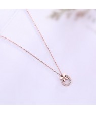 Bowknot Decorated Rhinestone Hoop Pendant Cute Fashion Stainless Steel Necklace - Gold Plated