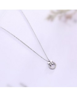 Bowknot Decorated Rhinestone Hoop Pendant Cute Fashion Stainless Steel Necklace - Platinum
