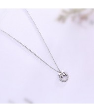Bowknot Decorated Rhinestone Hoop Pendant Cute Fashion Stainless Steel Necklace - Platinum