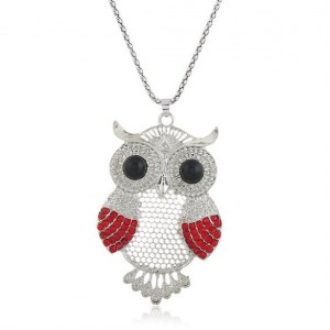 Rhinestone Embellished Cute Night-owl Pendant High Fashion Women Statement Necklace - Silver