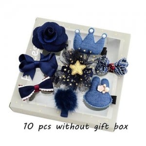 (10 pcs) Rabit Head Crown and Bowknot Assorted Elements Baby Fashion Blue Jeans Hair Clip Set