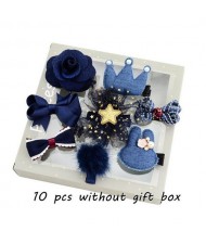 (10 pcs) Rabit Head Crown and Bowknot Assorted Elements Baby Fashion Blue Jeans Hair Clip Set
