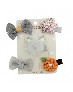 (5 pcs) Cat Head Star and Bowknot Combo Baby Gray Fashion Hair Clip Set