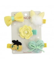 (5 pcs) Cat Head Flower and Bowknot Combo Baby Yellow Fashion Hair Clip Set