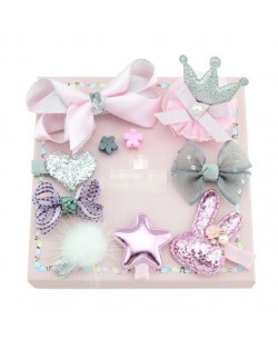 (10 pcs) Crown and Star Bowknot Fashion Gray and Pink Baby Hair Clip Set