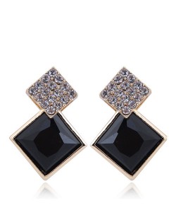 Czech Rhinestone and Glass Square Fashion Elegant Costume Earrings - Black