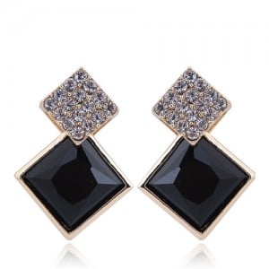 Czech Rhinestone and Glass Square Fashion Elegant Costume Earrings - Black