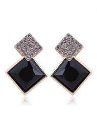 Czech Rhinestone and Glass Square Fashion Elegant Costume Earrings - Black
