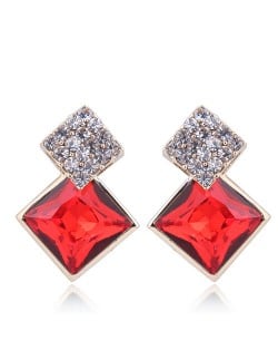 Czech Rhinestone and Glass Square Fashion Elegant Costume Earrings - Red