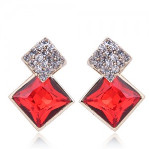 Czech Rhinestone and Glass Square Fashion Elegant Costume Earrings - Red