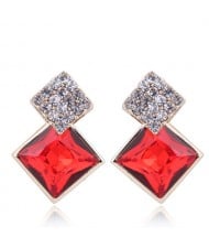 Czech Rhinestone and Glass Square Fashion Elegant Costume Earrings - Red