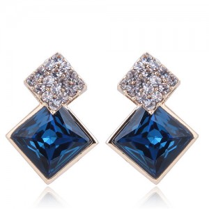 Czech Rhinestone and Glass Square Fashion Elegant Costume Earrings - Blue